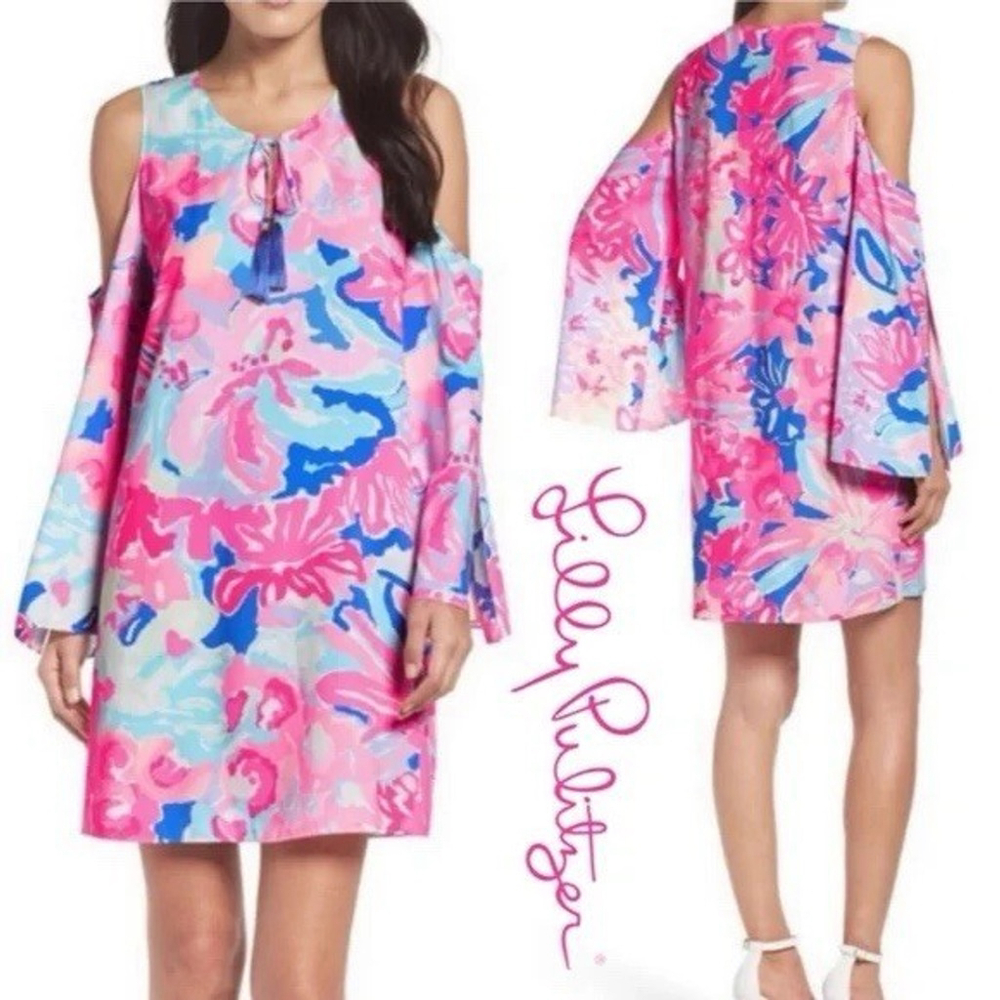 Lilly Pulitzer Benicia Tunic Dress Size M Playa Hermosa Slit Sleeves Tassels‎